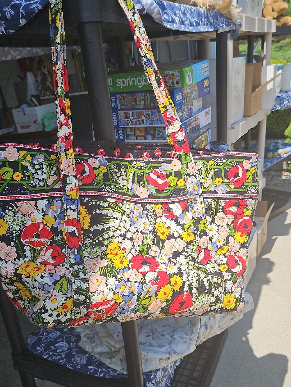 Vera Bradley Black Quilted Floral Tote with Red, Yellow & Blue Flowers